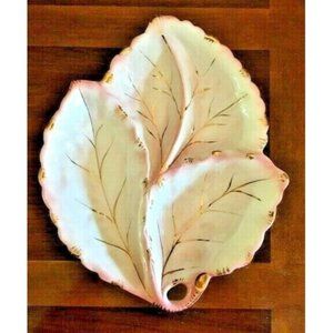 1950s NSP ITALY CERAMIC THREE-LEAF CANDY DISH SERVING TRAY 14" GOLD TRIM VINTAGE